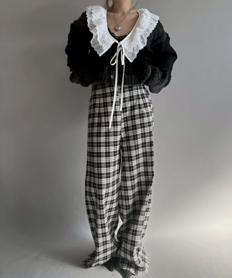 【RE;CIRCLE】 RE Aran Knit Patchwork Lace Collar Cardigan / Black × Charcoal / 251106-003