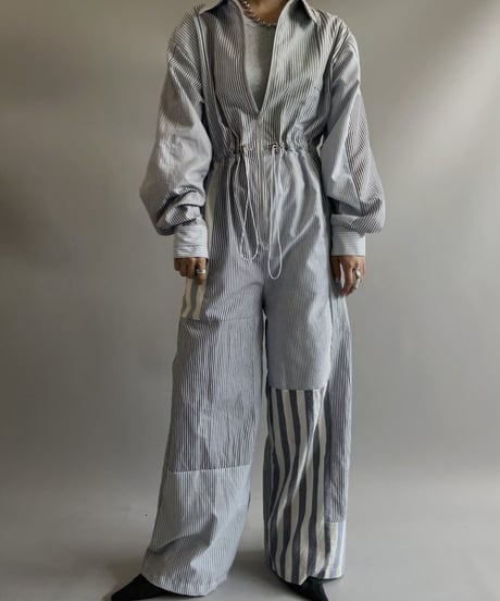 【RE;CIRCLE】 RE Patchwork Strip Shirt Jump Suits/ 230824-010