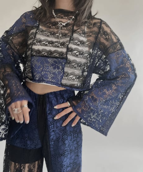 【RE;CIRCLE】 RE Lace Blue&Black Patchwork Top / 220728-031