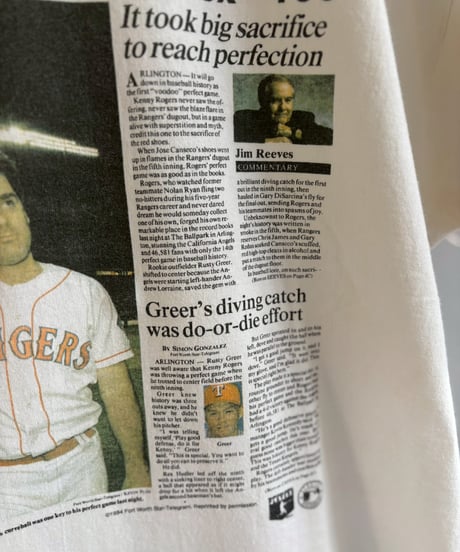 【USED】 97's Made in USA Hanes Baseball Newspaper T-Shirt / 260607-027