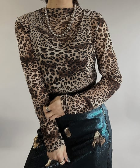 【USED】 Leopard Patterned Power Net Top  /240316-003