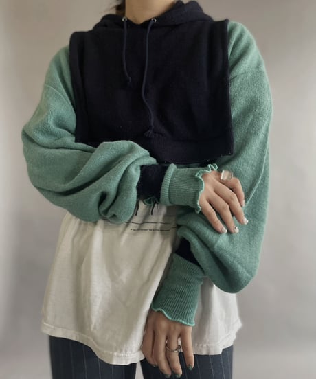 【RE;CIRCLE】 RE Acrylic Knit Cardigan + Hoodie Green × Navy / 230220-009