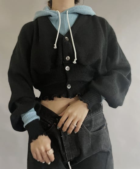【RE;CIRCLE】 RE Acrylic Knit Cardigan + Hoodie Black × Light Blue / 230220-003