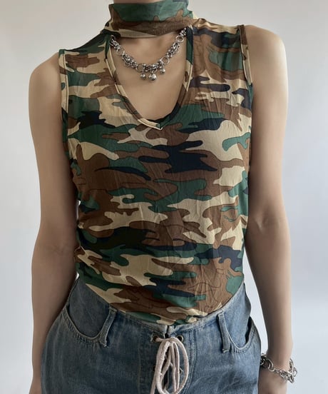 【USED】 Made in USA Camouflage Pattern Sheer N/S Top / 250526-011