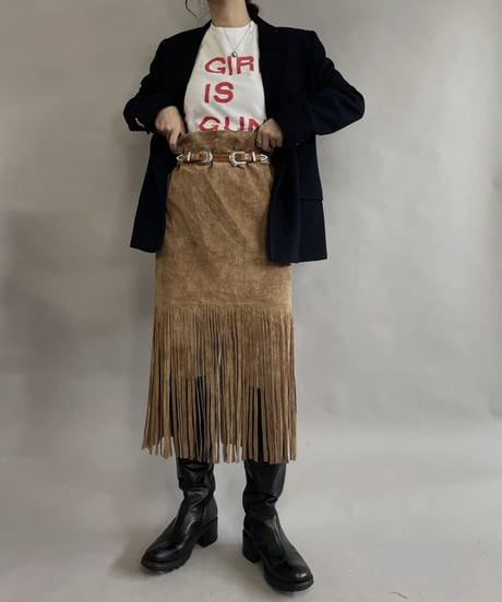 【USED】 Suede Leather Middle Skirt Beige / 230304-016