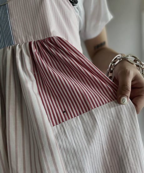 【RE;CIRCLE】 RE Patchwork Strip Shirt One-Piece / 230608-014