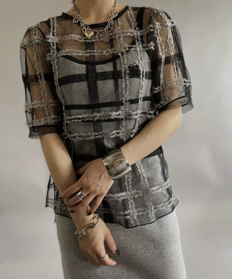 【USED 】Check Patterned Sheer Top /240511-004