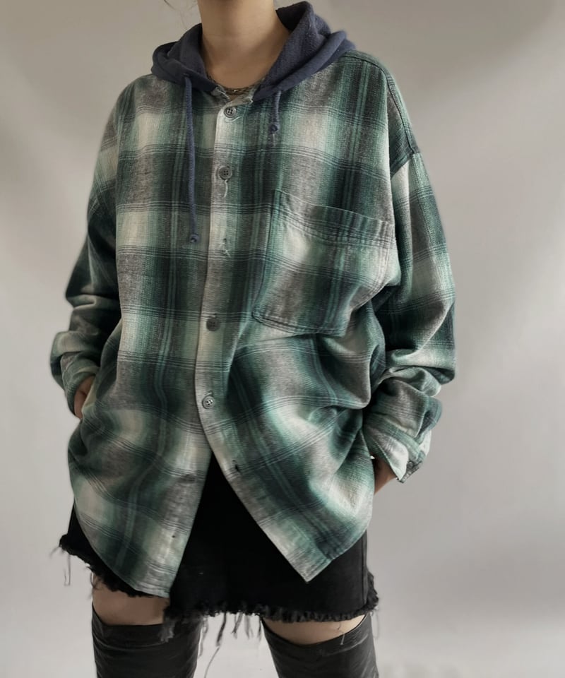 USED】 Ombre Check Flannel Hoodie Shirt/ 231014
