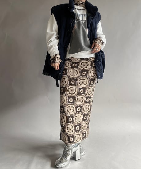 【USED】 Flower Patterned Sleeve Convertible Tight Long One-Piece /241130-003