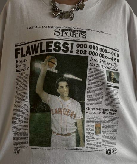 【USED】 97's Made in USA Hanes Baseball Newspaper T-Shirt / 260607-027