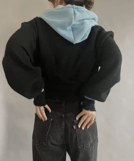 【RE;CIRCLE】 RE Acrylic Knit Cardigan + Hoodie Black × Light Blue / 230220-003