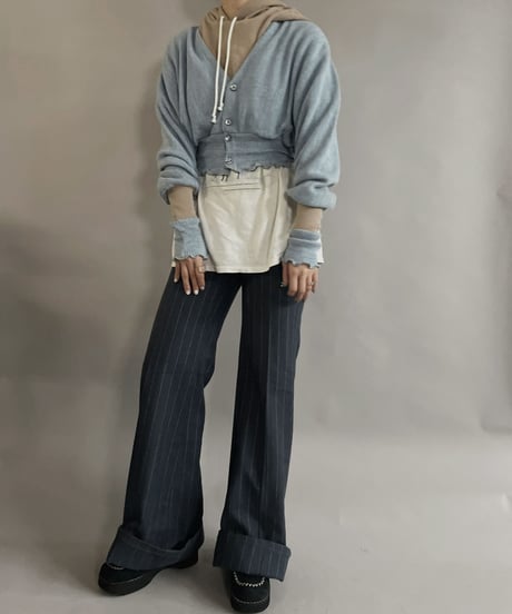 【RE;CIRCLE】 RE Acrylic Knit Cardigan + Hoodie Light Blue × Beige / 230220-006