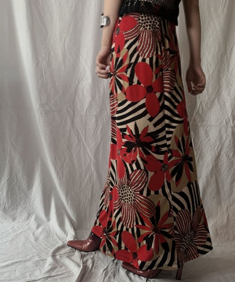 【USED】 Flower Patterned Spandex Long Skirt/ 210630-026
