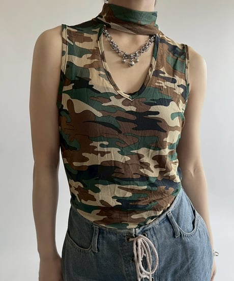 【USED】 Made in USA Camouflage Pattern Sheer N/S Top / 250526-011