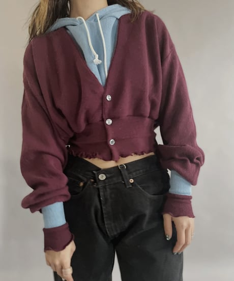 【RE;CIRCLE】 RE Acrylic Knit Cardigan + Hoodie Winered × Light Blue / 230220-002