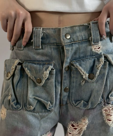 【USED】 dirty punk Damage Denim Layered Pants /260607-017