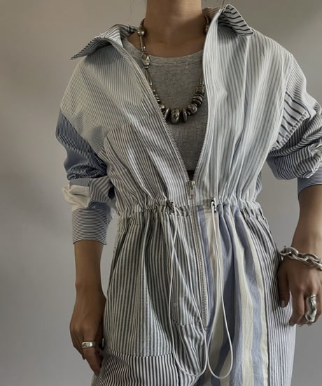 【RE;CIRCLE】 RE Patchwork Strip Shirt Jump Suits/ 230824-009