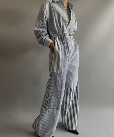 【RE;CIRCLE】 RE Patchwork Strip Shirt Jump Suits/ 230824-010