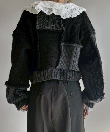 【RE;CIRCLE】 RE Aran Knit Patchwork Lace Collar Cardigan / Black × Charcoal / 251106-003