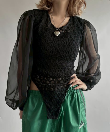 【USED】 Lace Pattern Sheer Sleeve Leotard Top  /251012-026