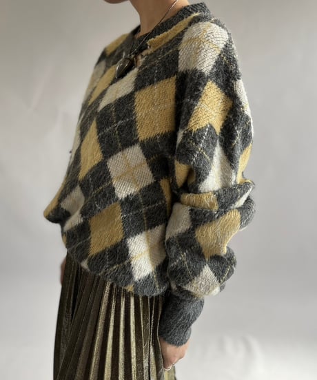 【USED】 100% ORLON ACRYLIC Argyle Knit Top/241207-007