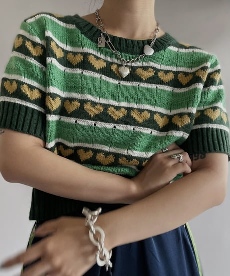 【USED】 S/S Heart Patterned Knit top / 230916-034