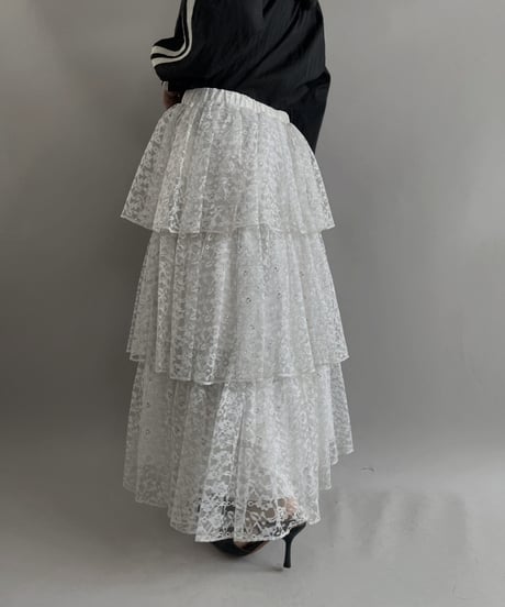【USED】 Lace Lame Tiered Skirt /231021-029