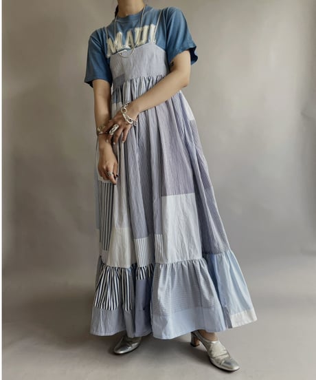 【RE;CIRCLE】 RE Patchwork Strip Shirt One-Piece / 230608-017