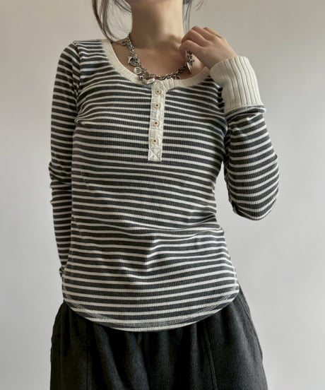 【USED】 Henley Neck Border Top / 260314-011