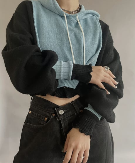 【RE;CIRCLE】 RE Acrylic Knit Cardigan + Hoodie Black × Light Blue / 230220-003