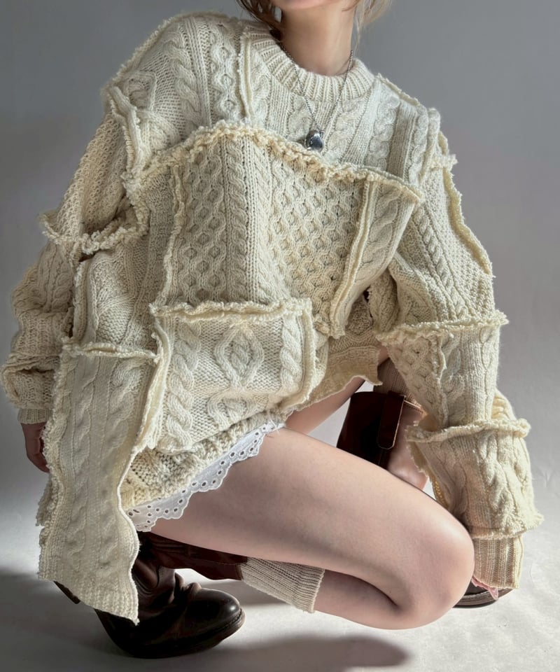 RE;CIRCLE】 RE Aran Knit Patchwork Pullover Top