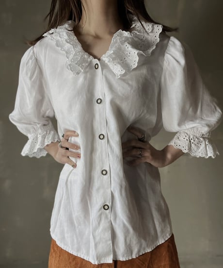 【USED】　White Cotton L/S Bluse/ 220220-028
