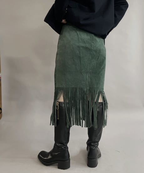 【USED】 Suede Leather Middle Skirt Green / 230304-015