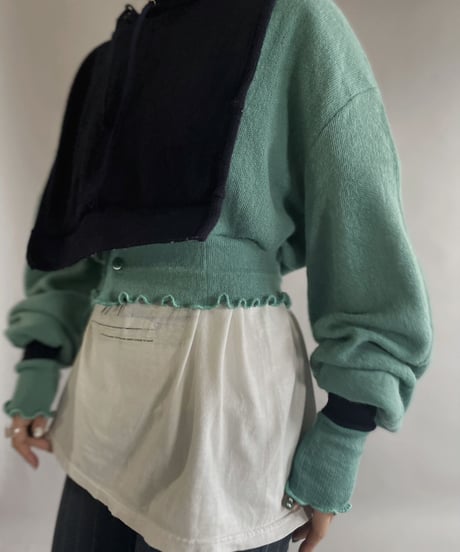 【RE;CIRCLE】 RE Acrylic Knit Cardigan + Hoodie Green × Navy / 230220-009