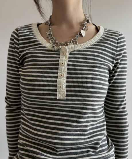 【USED】 Henley Neck Border Top / 260314-011