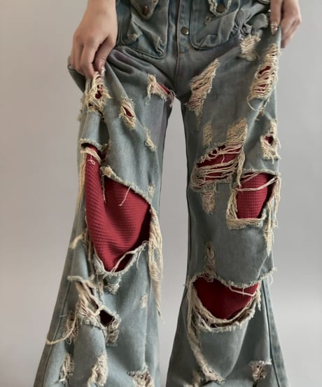 【USED】 dirty punk Damage Denim Layered Pants /260607-017