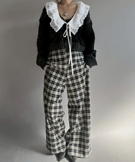 【RE;CIRCLE】 RE Aran Knit Patchwork Lace Collar Cardigan / Black × Charcoal / 251106-003