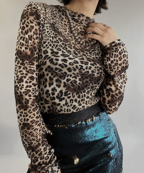 【USED】 Leopard Patterned Power Net Top  /240316-003