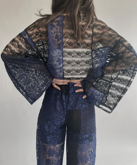 【RE;CIRCLE】 RE Lace Blue&Black Patchwork Top / 220728-031