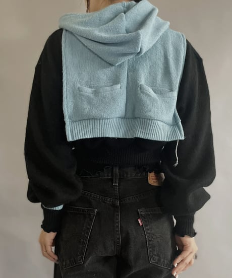 【RE;CIRCLE】 RE Acrylic Knit Cardigan + Hoodie Black × Light Blue / 230220-003