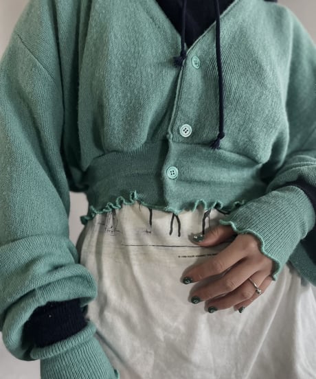 【RE;CIRCLE】 RE Acrylic Knit Cardigan + Hoodie Green × Navy / 230220-009