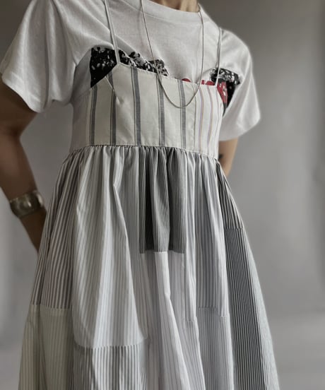 【RE;CIRCLE】 RE Patchwork Strip Shirt One-Piece / 230608-013
