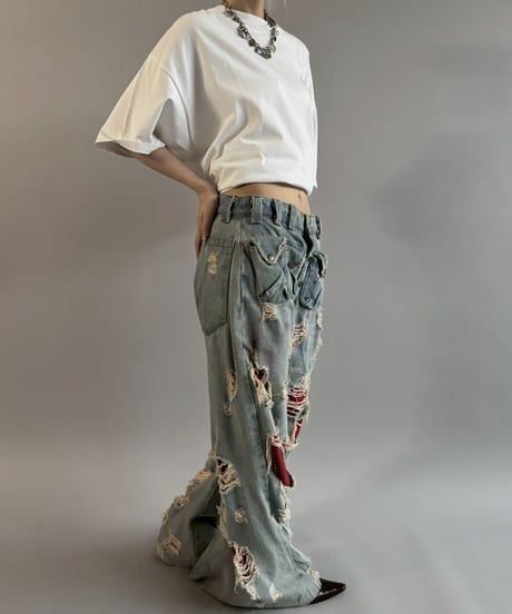 【USED】 dirty punk Damage Denim Layered Pants /260607-017