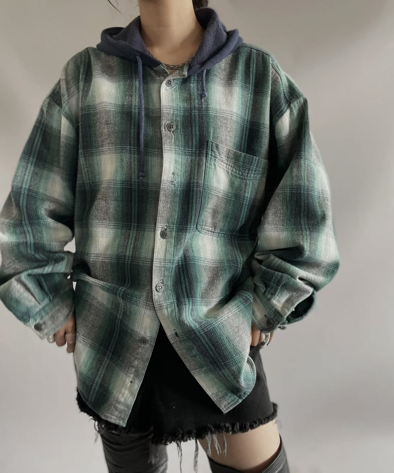 USED】 Ombre Check Flannel Hoodie Shirt/ 231014