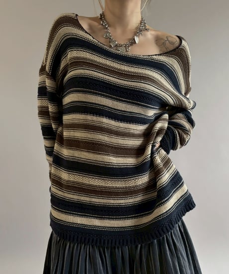 【USED】 Lauren Ralph Lauren Border Pattern Cotton Knit Top/ 260221-024