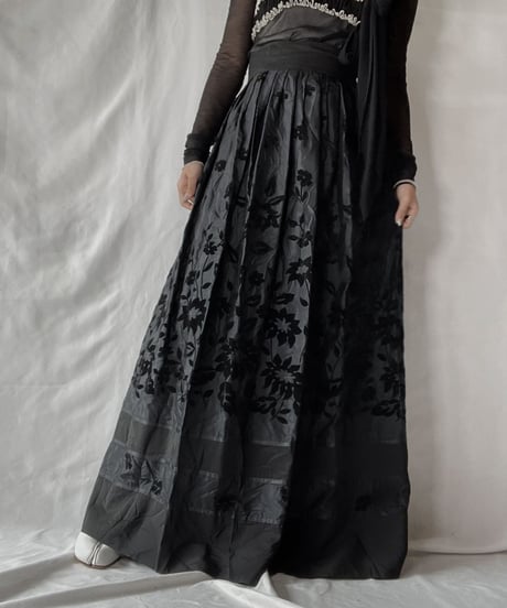 【USED】 Flower Patterned Poly Long Skirt/210921-032