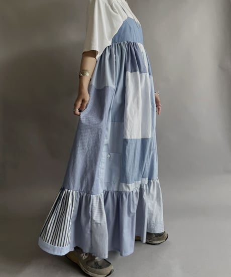 【RE;CIRCLE】 RE Patchwork Strip Shirt One-Piece / 230608-019