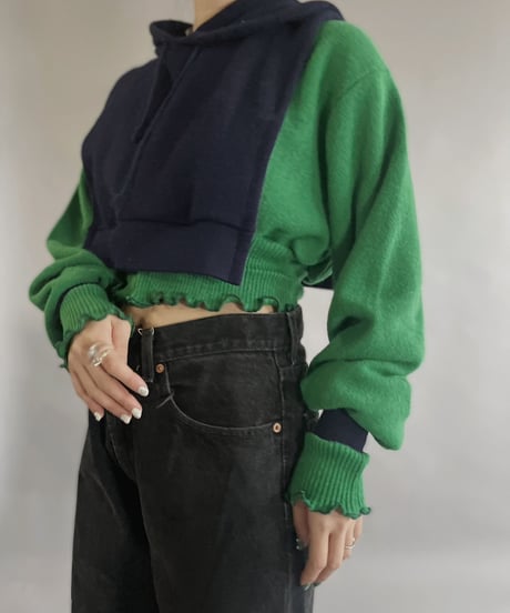 【RE;CIRCLE】 RE Acrylic Knit Cardigan + Hoodie Green × Navy / 230220-005