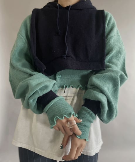 【RE;CIRCLE】 RE Acrylic Knit Cardigan + Hoodie Green × Navy / 230220-009