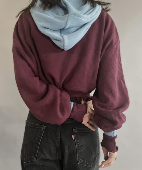 【RE;CIRCLE】 RE Acrylic Knit Cardigan + Hoodie Winered × Light Blue / 230220-002